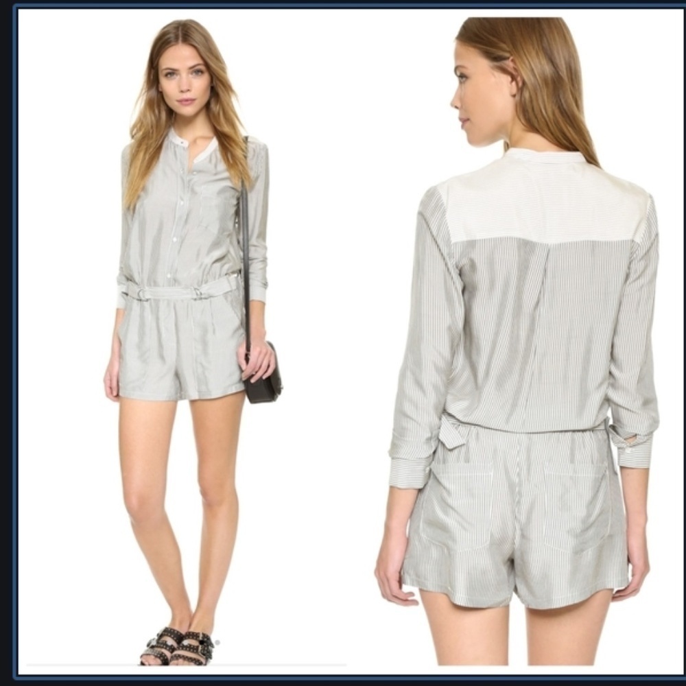 ALC A.L.C. Mackay Silk Romper striped Sz 4 shorts long sleeve white grey